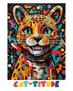 Playful cat illustration with text "Cat-titude"