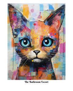 Quirky cat painting with vibrant geometric patterns
