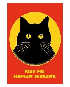 Black cat with humorous text in vibrant yellow and red background