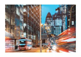An unframed print of london city traffic at night travel photograph in multicolour and blue accent colour