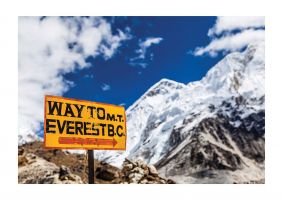 An unframed print of mount everest signpost himalayas travel photograph in blue and white accent colour