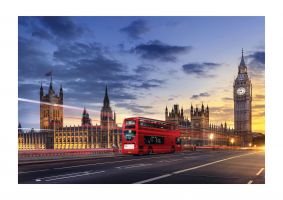An unframed print of red bus big ben london travel photograph in multicolour and blue accent colour