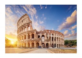 An unframed print of the coliseum in rome travel photograph in blue and white accent colour