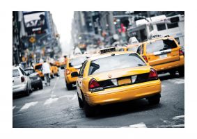 An unframed print of yellow taxi new york travel photograph in grey and yellow accent colour