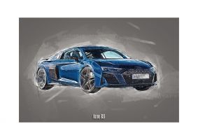 An unframed print of audi r8 sports graphic in grey and blue accent colour