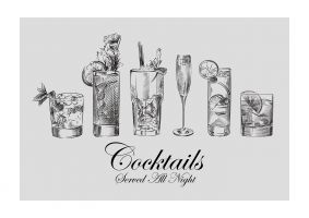 An unframed print of cocktails black white lifestyle graphic in grey and black accent colour