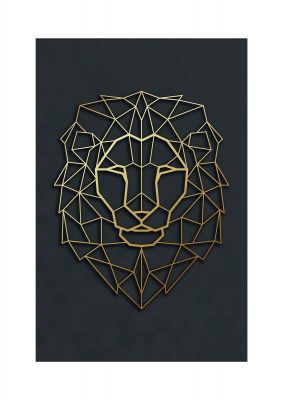 An unframed print of geometric gold lion head in gold and black accent colour