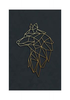 An unframed print of geometric gold wolf head in gold and black accent colour