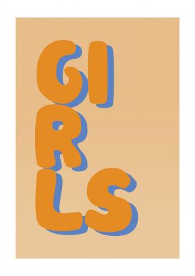 An unframed print of girls kids wall art in typography in orange and blue accent colour