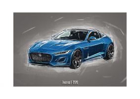An unframed print of jaguar f type graphical illustration in grey and blue accent colour
