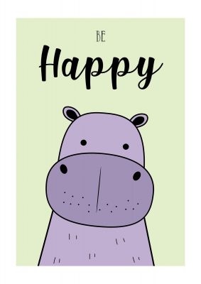 An unframed print of be happy nursery illustration in green and purple accent colour