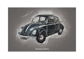 An unframed print of volkswagen beetle graphical illustration in grey and black accent colour