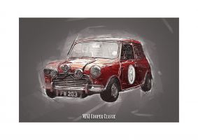 An unframed print of mini cooper classic graphical illustration in grey and red accent colour