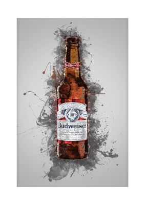 An unframed print of budweiser bottle splatter graphical illustration in grey and brown accent colour