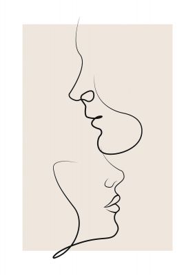 An unframed print of face to face line art love line drawing in beige and black accent colour