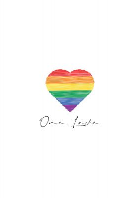 An unframed print of one love pride heart graphical illustration in white and multicolour accent colour