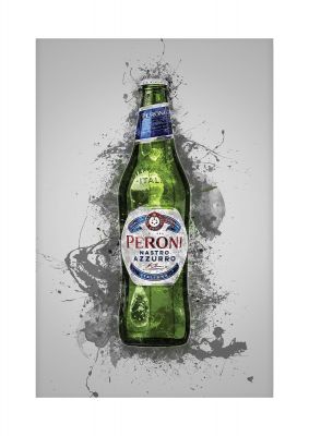 An unframed print of peroni bottle splatter graphical illustration in grey and green accent colour