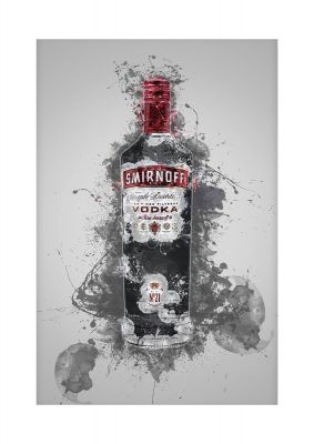 An unframed print of smirnoff vodka bottle splatter graphical illustration in grey and red accent colour