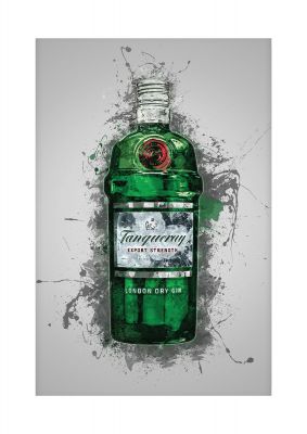 An unframed print of tanqueray original bottle splatter graphical illustration in grey and green accent colour