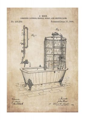 An unframed print of shower bath patent retro illustration in beige and grey accent colour