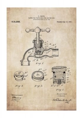 An unframed print of tap patent retro illustration in beige and grey accent colour