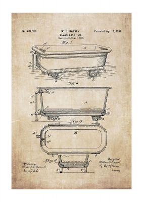 An unframed print of bath patent retro illustration in beige and grey accent colour