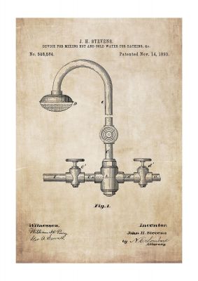 An unframed print of mixer tap patent retro illustration in beige and grey accent colour
