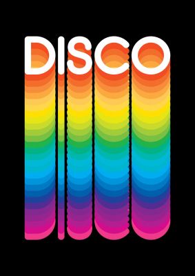 An unframed print of disco graphical illustration in black and multicolour accent colour