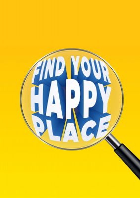 An unframed print of find your happy place quote in typography in yellow and blue accent colour