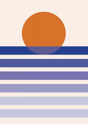 An unframed print of sunset graphical illustration in blue and orange accent colour