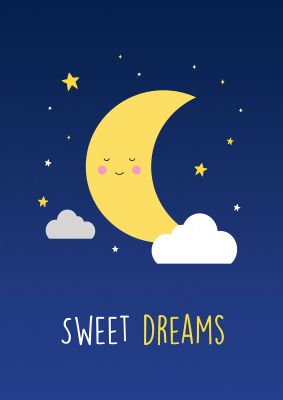 An unframed print of sweet dreams kids wall art illustration in blue and yellow accent colour