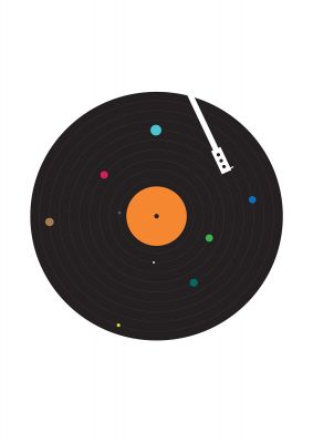 An unframed print of vinyl space music illustration in white and multicolour accent colour