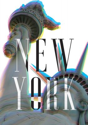 An unframed print of new york travel in typography in multicolour and black and white accent colour