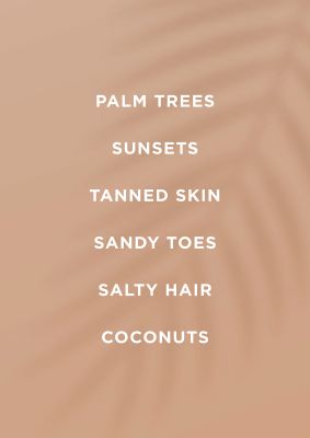 An unframed print of palm trees sunsets tanned skin quote in typography in beige and white accent colour