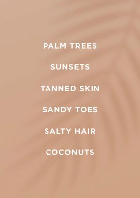 An unframed print of palm trees sunsets tanned skin quote in typography in beige and white accent colour