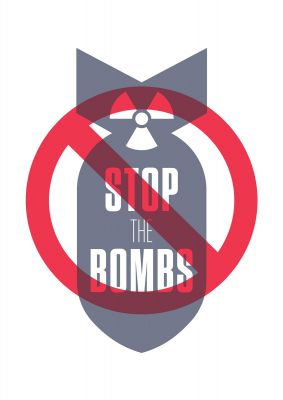 An unframed print of stop the bombs quote in typography in multicolour and red accent colour