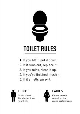 An unframed print of toilet rules quote in typography in white and black accent colour
