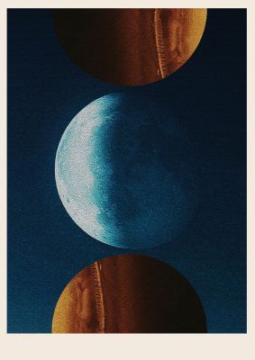 An unframed print of three planets abstract collage graphical in blue and beige accent colour
