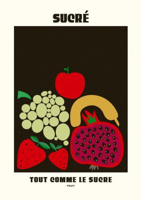 An unframed print of sucresweet fruits retro french retro graphic in multicolour and black accent colour