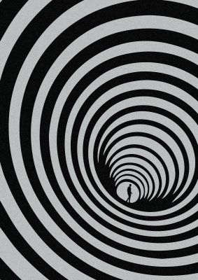 An unframed print of surrealist illusion tunnel graphical illustration in monochrome
