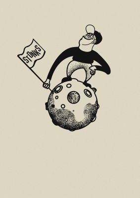 An unframed print of stonks to the moon trading win cartoon kids wall art illustration in beige and black accent colour