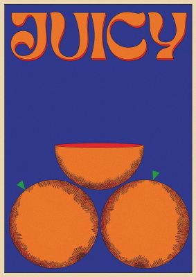 An unframed print of retrovintage juicy orange retro in typography in blue and orange accent colour