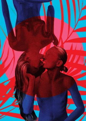An unframed print of tropical lofi kiss graphical illustration in red and blue accent colour