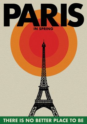 An unframed print of paris in spring retro travel in typography in orange and black accent colour
