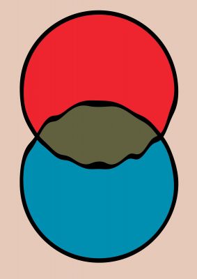 An unframed print of abstract blob shape four graphical in blue and red accent colour