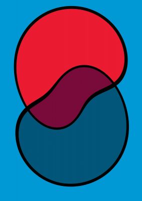An unframed print of abstract blob shape two graphical in blue and red accent colour