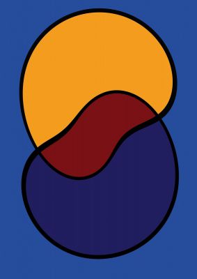 An unframed print of abstract blob shape graphical in blue and yellow accent colour