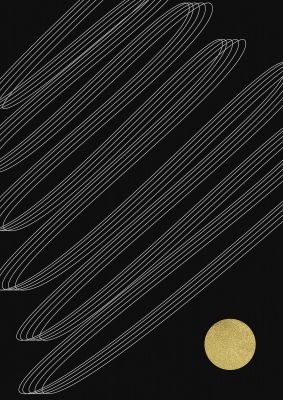 An unframed print of abstract line ribbon and gold graphical in black and beige accent colour