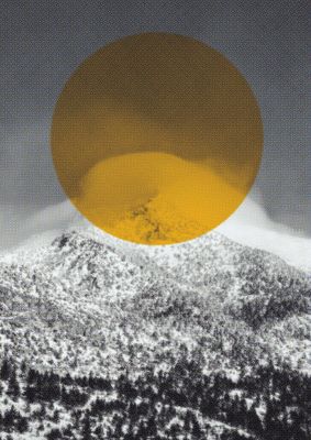 An unframed print of mountain sun travel photograph in grey and yellow accent colour