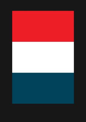 An unframed print of bold geometric three graphical in blue and red accent colour